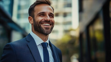 Fototapeta premium A smiling man in a suit stands outdoors with confidence