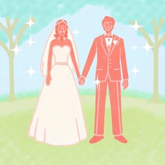 Fototapeta premium Wedding Planner concept Illustration of a happy couple in wedding attire holding hands outdoors.