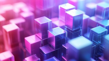 Obraz premium Abstract glowing cubes in vibrant pink purple and blue colors create futuristic 3D digital art with light effects