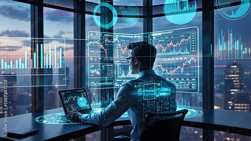 Poster business professional analyzing financial data on a laptop with futuristic digital graphs and hologr
