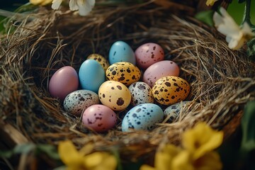 Obraz premium Easter eggs in a nesting box with quail eggs that are beautiful and decorative. The idea of celebrating Easter. Generative Ai