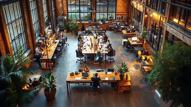 Industrial Loft Office Interior, Workers Desktops, Open Space, High Ceiling,  Possible Use Stock Photo