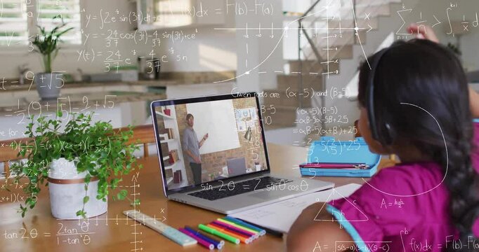 In school, child learning math online with animation equations on laptop screen