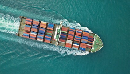 A cargo ship filled with colorful containers moves steadily through serene, turquoise waters in...