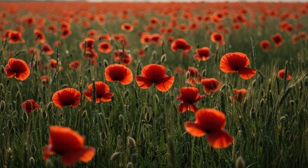 Fototapeta premium Vibrant poppy field in full bloom under a clear sky, evoking tranquility