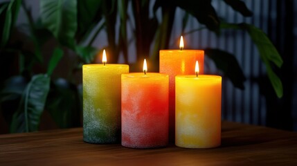 Vibrant scented candles glowing softly on a wooden table amidst lush greenery