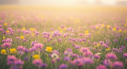Obraz premium Vibrant wildflower field at sunrise, showcasing colorful blooms and soft light