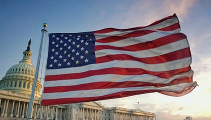The American flag flutters proudly in the wind beside the United States Capitol building as the sun...