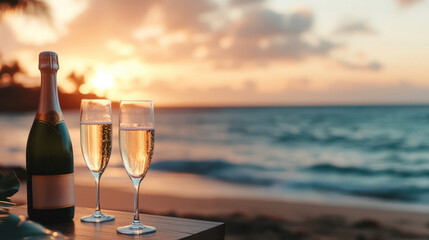 beachside sunset celebration with champagne glasses and ocean view