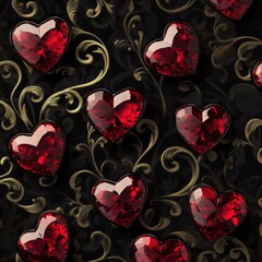 Red heart-shaped gems on a dark ornate background with swirls