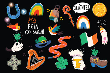 Collection of cute irish elements lucky charms and decorations. St Patricks day images.