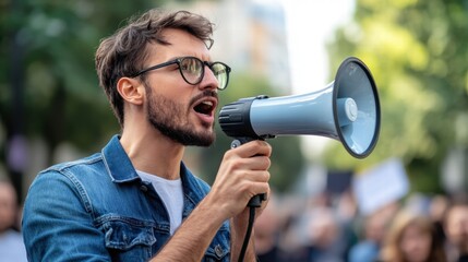 Young Man Protesting with Megaphone at Activist Demonstration Outdoors