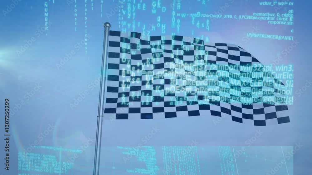 Poster checkered flag waving over digital network and data processing animation