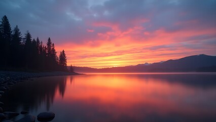 Fototapeta premium Dramatic Sunset Reflecting on Calm Lake with Mountains and Silhouette of Trees in Background