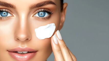 A close-up of a woman applying cream to her face, showcasing her clear skin and bright blue eyes. Concept Skincare Routine, Close-Up Photography, Clear Skin, Bright Blue Eyes, Beauty Products