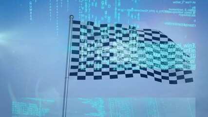 Checkered flag waving over digital network and data processing animation