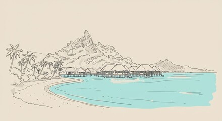 Bora Bora Line Art Sketch with Overwater Bungalows