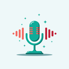 A modern flat design of a microphone with sound waves, symbolizing podcasting, voice recording, and audio production.