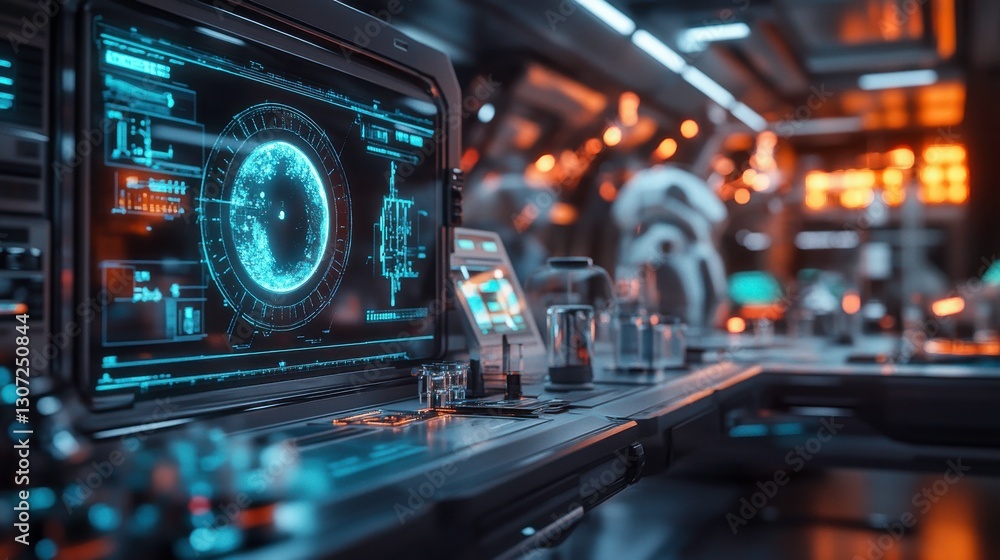 Poster a futuristic control room featuring a glowing display, advanced technology, and an ambient lighting 