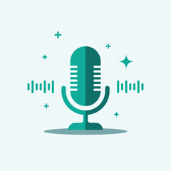 A modern flat-design microphone icon with sound waves and sparkles, representing podcasting, voice recording, or audio broadcasting.