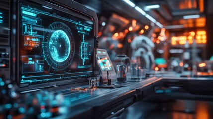 Obraz premium A futuristic control room featuring a glowing display, advanced technology, and an ambient lighting setup, creating a sci-fi atmosphere.