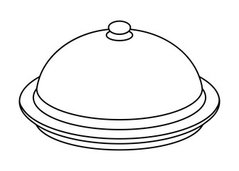 Hand drawn cute outline illustration metal cloche and plate. Flat vector tray with cover line art doodle. Service or maintain icon. New message. Surprise or secret. Delivery service sticker. Isolated.
