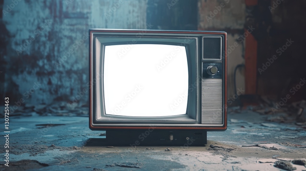 Poster retro television set in an abandoned room with empty screen and vintage design surrounded by distres