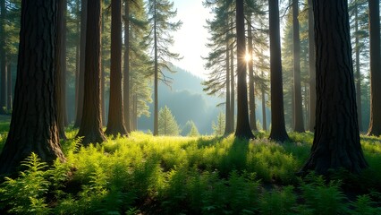 Obraz premium Lush forest with sunbeams filtering through the trees illuminating vibrant green undergrowth