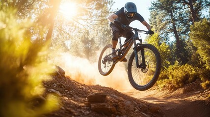 Naklejka premium Dynamic mountain biker in mid-air on a rugged trail, dust and sunlight creating a thrilling adventure feel