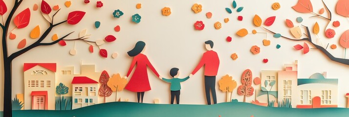 Obraz premium Paper-Cut Style Illustration of Coordinated Family Unity in Foster Care Symbolic Setting