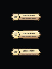Gold and brown lower third banner templates with hexagonal logo placeholders, elegant gradients, and modern design elements. Ideal for video overlays, live streaming, or broadcast graphics.