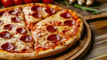 Close-up of a delicious pizza with melted cheese, crispy crust, and fresh toppings, highlighting its rich texture and mouthwatering appeal