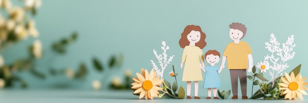 Happy Foster Care Month Loving Paper-Cut Family of Three Celebrating in Yellow and Blue on Calm Green Background