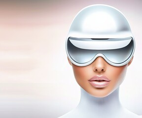 A futuristic portrait of a woman wearing a sleek high-tech helmet with reflective visor, blending sci-fi aesthetics with elegance in a minimalist and futuristic  composition - AI Generated Digital Art