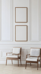 Three empty picture frames hang on the wall of an elegant living room
