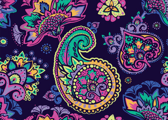 Seamless paisley pattern in Oriental style with floral and ethnic motifs for printed fabric, wallpaper, and packaging