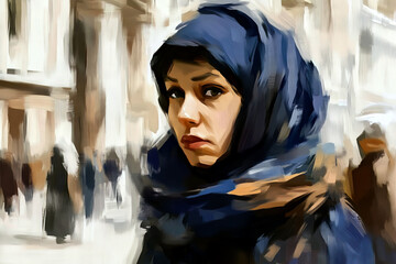 Sad woman wearing blue headscarf in busy city street oil painting