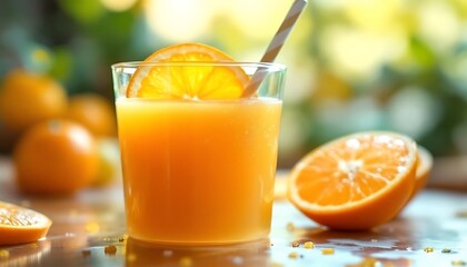 Freshly Squeezed Orange Juice in Glass with Straw and Fruit