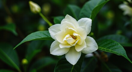 Fototapeta premium Beautiful white flower blooming amidst lush green foliage in a serene garden setting