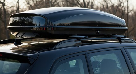 Black car roof box on vehicle, parked outdoors with trees in the background