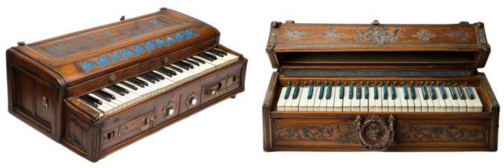  Set of a brown Indian harmonium, isolated on transparent background.
