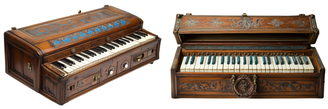  Set of a brown Indian harmonium, isolated on transparent background.