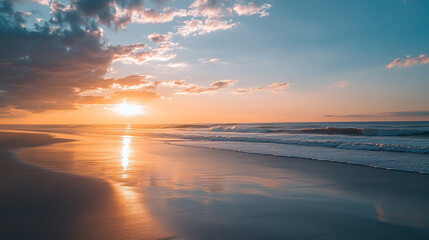 Obraz premium Serene beach sunset with golden light and calm ocean waves sea sky sand view water coast shore scene