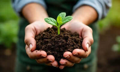 Farmer’s hands holding fertile soil with new life, detailed textures, eco-friendly theme.