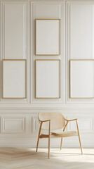 Three empty picture frames hang on the wall of an elegant living room
