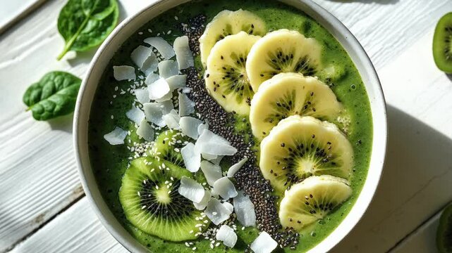 Fresh Green Smoothie Bowl With Kiwi, Banana, and Coconut Toppings