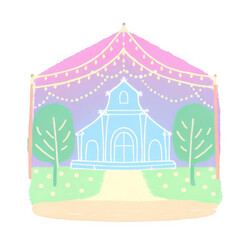 Obraz premium Wedding Planner concept Whimsical illustration of a tent with lights and a charming building inside.