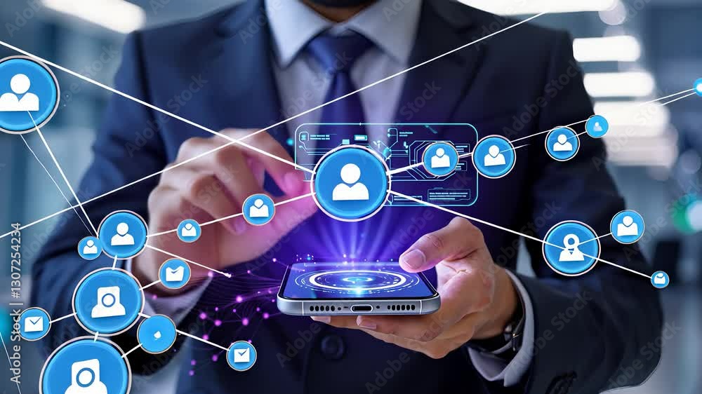 Poster business professional using mobile device with digital network connections and social media icons in
