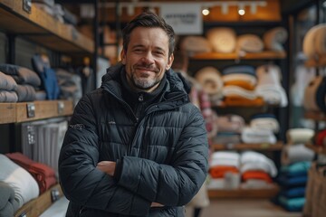 The man smiles warmly while crossing his arms, surrounded by a variety of colorful blankets and home textiles in a cozy store setting. This inviting atmosphere is perfect for shopping