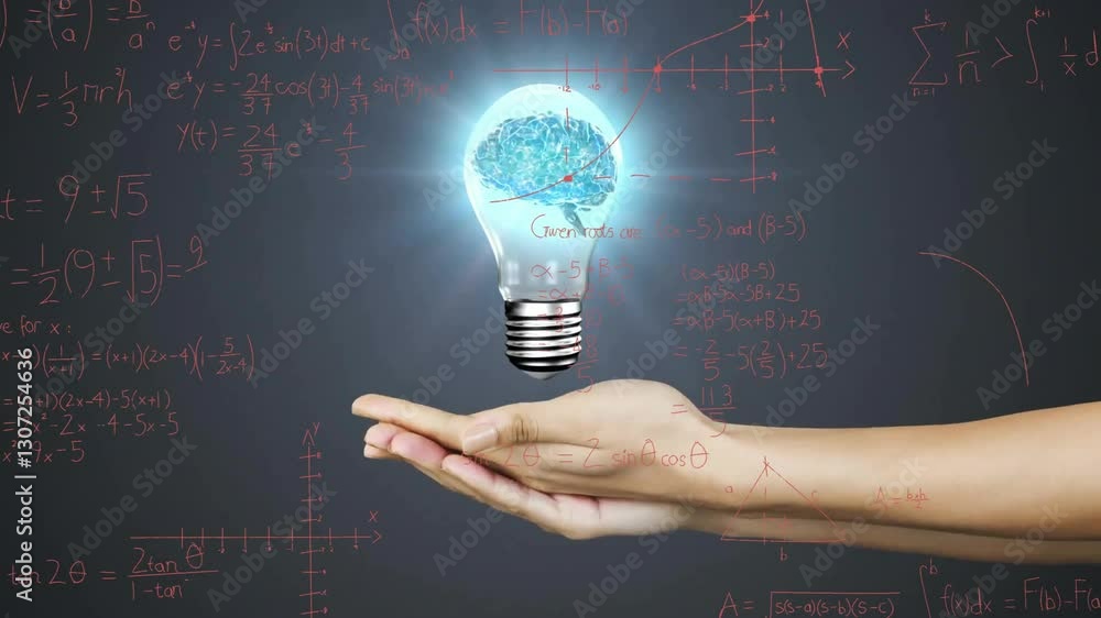Poster holding glowing light bulb with brain and mathematical equations in animation